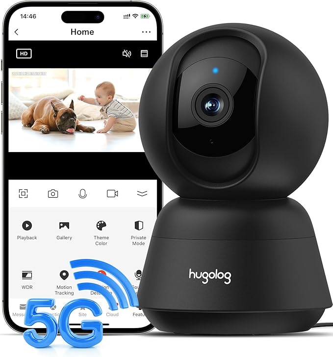Hugolog 3K 5MP Indoor Pan/Tilt Security Camera with Auto-Focus,2.4 GHZ/5 GHZ,Ideal for Baby Monitor/Pet Camera,Starlight Color Night Vision,Human/Pet AI,Two-Way Audio,US Cloud,Compatible with Alexa-Mewly Pet