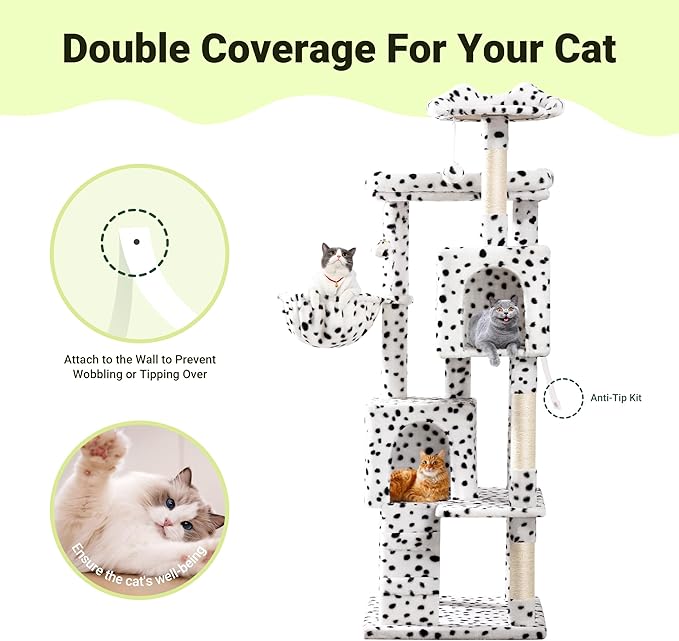 Allewie 64 Inches Cat Tree Tower/Multi-Level Activity Center for Indoor Big Felines/2 Plush Condos/2 Perchs/Basket/House/Sisal Scratching Posts/Hanging Cat Toys/White & Black Spot-Mewly Pet