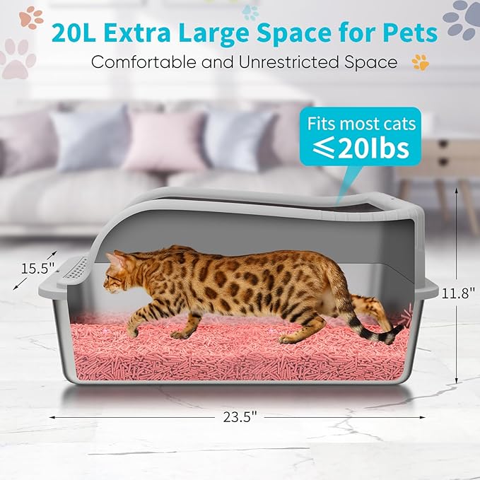 XL Stainless Steel Cat Litter Box with High Sided Lid for Big Cats, 23.5"L x 15.5"W x11.8"H, Metal Kitty Litter Tray with Scoop and Filter Pedal, Leak-Proof,Odorless,Non-Stick,Easy Cleaning-Mewly Pet