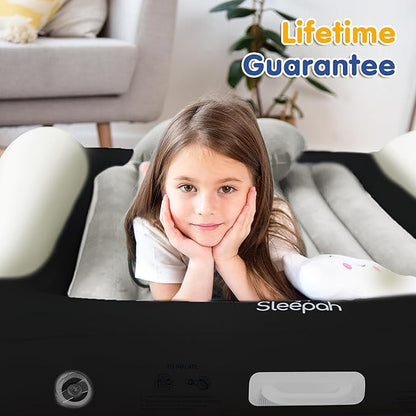 Sleepah Inflatable Toddler Travel Bed Portable Kids Air Mattress Set w Safety Rail Guards for Kids & Toddlers – Includes Pump, Carry Case, Pillow & More - Perfect Transitional Cot (Beige)