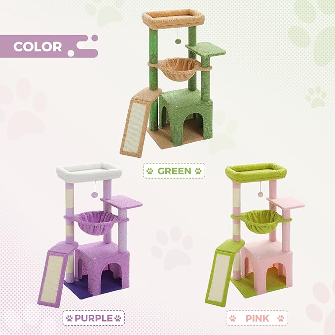 PEQULTI 36.5'' Cat Tree for Indoor Cats, Small Cat Tower with Large Cat Condo, Scratching Posts, Cozy Hammock and Scratching Ladder for Kittens, Purple-Mewly Pet