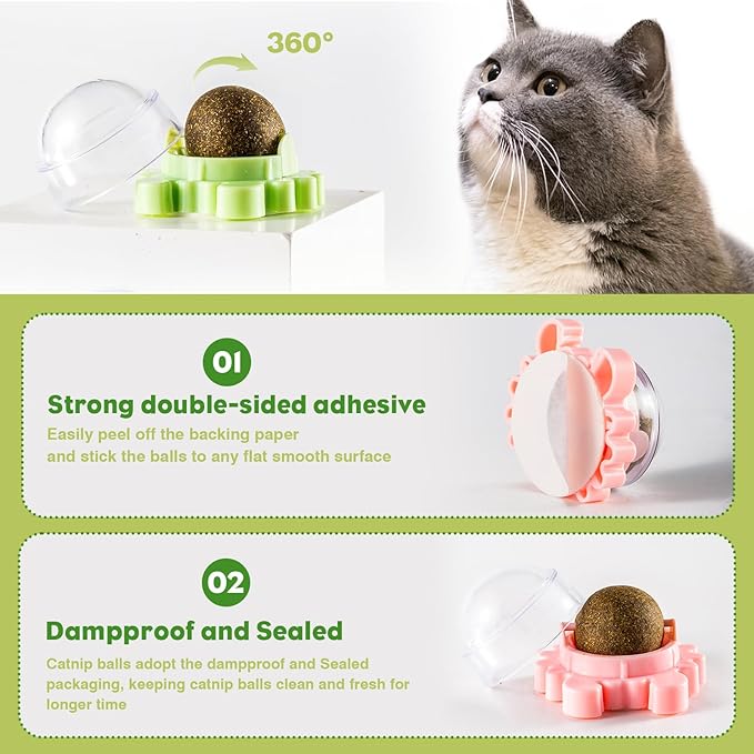 360° Catnip for Cats Wall Catnip Rollerball Licking Ball Cat Nips Mint Magic Cat Stick on Wall Crack Balls Lickable Play Chew Teeth Cleaning Pet Chew Indoor Outdoor-Mewly Pet