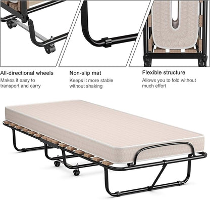 Giantex Folding Bed with Mattress, Rollaway Guest Bed w/ 4 Inch Memory Foam Mattress, Sturdy Metal Frame, Portable Bed Cot Size Easy to Store, Foldable Beds for Adults, Made in Italy