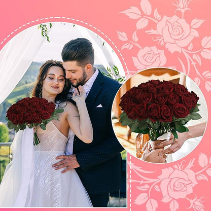 30pcs Fake Roses Artificial Silk Flowers Long Stems Bouquet for Wedding Bridal Shower Party Home Decoration(Wine Red)