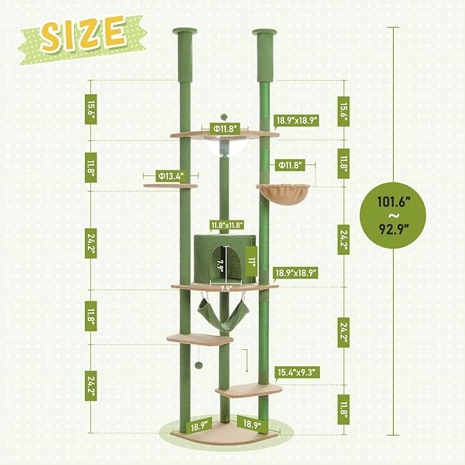 PEQULTI Floor to Ceiling Cat Tree 92.9’’-101.6’’ Height Adjustable Cat Tower Tall Kitty Climbing Play House with Scratching Posts, Cozy Condo, Perches and Large Hammock for Indoor Cats Green-Mewly Pet