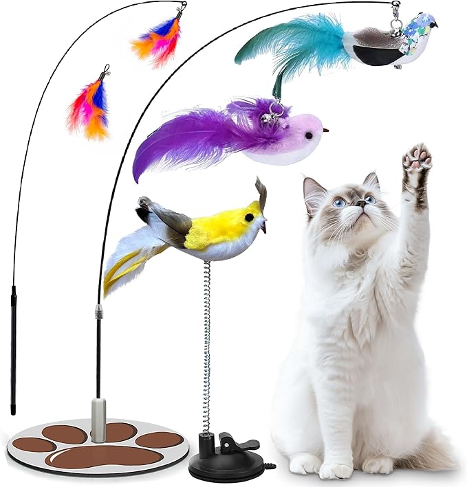 Interactive Cat Toy for Indoor, Includes Metal Base, Suction Cup Cat Base, Cat Wand,Bird Simulation Toys and Feather Toy, Set of 7 PCS-Mewly Pet