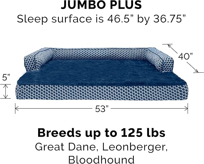 Furhaven Memory Foam Dog Bed for Large Dogs w/ Removable Bolsters & Washable Cover, For Dogs Up to 125 lbs - Plush & Woven Decor Comfy Couch Sofa - Diamond Blue, Jumbo Plus/XXL-Mewly Pet