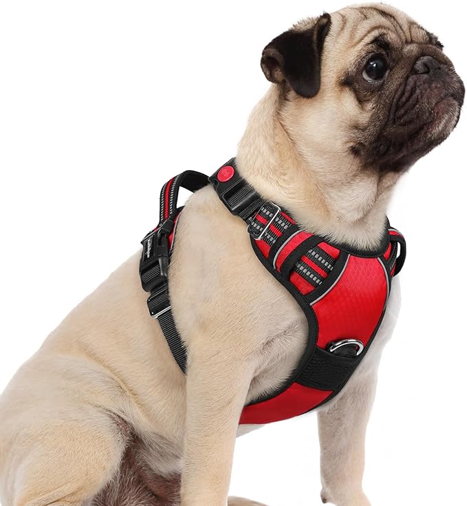 rabbitgoo Dog Harness Small Sized, No Pull Dog Vest with 3 Buckles, Adjustable Soft Padded Pet Harness with Easy Control Handle and Reflective Strips, Red, S-Mewly Pet