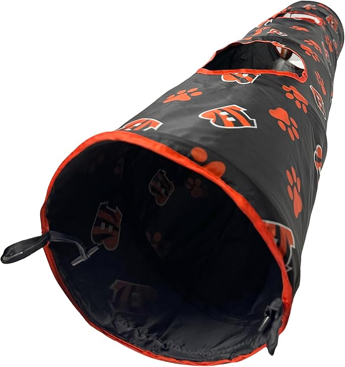 NFL Cincinnati Bengals Cat Tunnel Tube Toy with Plush Football Catnip and Feathers Collapsible Tunnel for Cats to Play, Peek and Hide, Sporty & Fun Cat Tunnel Toy with Team Logo All-Over Design!-Mewly Pet