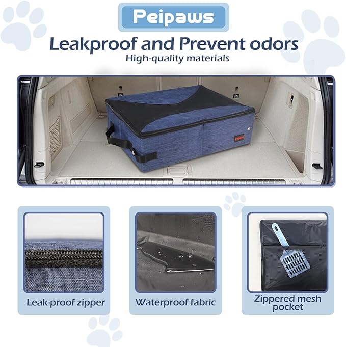 Portable Cat Travel Litter Box. Zipped Lid, Collapsible Litter Box for Cats. No Leakage, No Smell. Easy to Carry. Used for Hotels, Camping, Car (Blue,M)-Mewly Pet