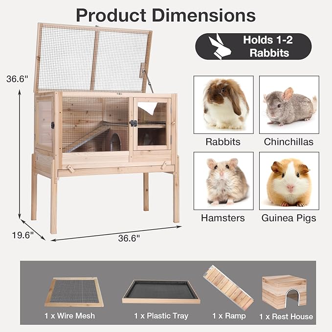 Guinea Pig Cage with Wooden Stand - Hamster Cage, Small Animal Cage Anti Chew Ramp, Hideout, Platform, Pull Out Tray (Wood, L)-Mewly Pet