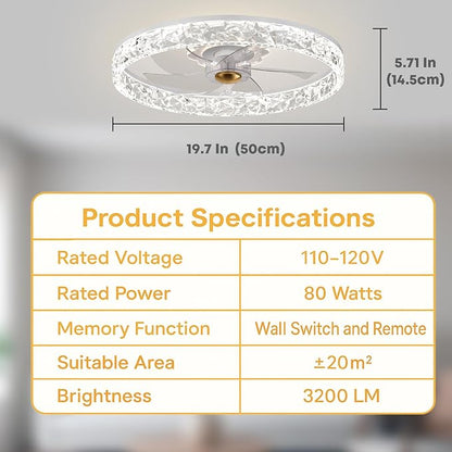 20'' Ceiling Fan with Light, Upgraded Low Profile Fan, Flush Mount Ceiling Fan, 6 Speeds, Dimmable LED, App & Remote Control, Quiet DC Motor, for Bedroom, Living Room, F098 White