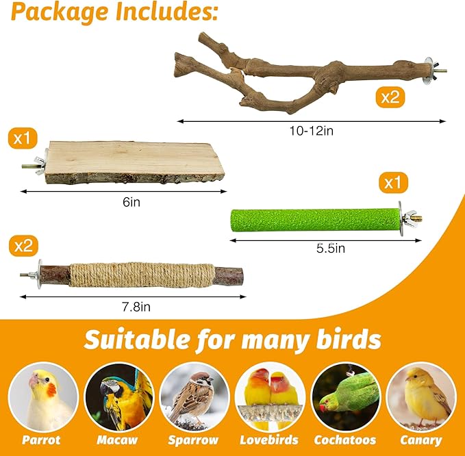 kathson 5pcs Natural Parrot Perch for Cage Wooden Bird Perches Grape Bird Stick Parakeet Climbing Standing Branches Toy Chewable Cage Accessories for Small Budgies Cockatiels Lovebirds Budgies-Mewly Pet