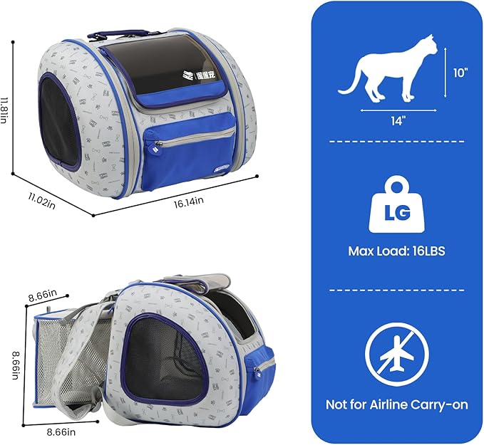 Cat and Dog Backpack Carrier, Foldable Breathable Pet Carrier Backpack with Mesh Ventilation, Large Portable Outing Traveling Pet Bag for Small, Medium Cats, Small Dogs, Blue-Mewly Pet