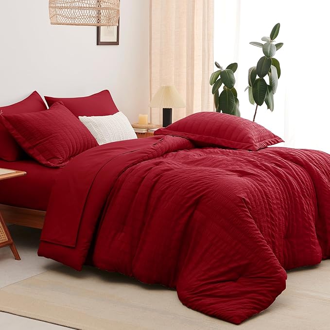 CozyLux Queen Comforter Set Dark Red Seersucker 7 Pieces Bed in a Bag Queen Comforter Set with Sheets, Luxury Soft Bedding Set with Down Alternative Comforter, Sheets, Pillowcases & Shams All Seasons