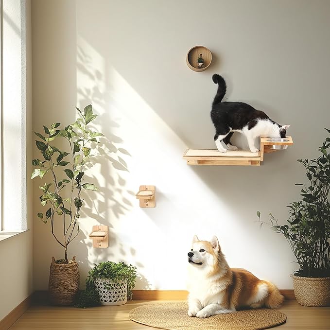 FUKUMARU Cat Wall Shelves, 3 In 1 Cats Walls Furniture Set, Food Station with 2 Steps , Solid Rubber Wood Perch, Suitable for Kitten Play, Nap, Eat, DIY Wall Jungle Gym-Mewly Pet