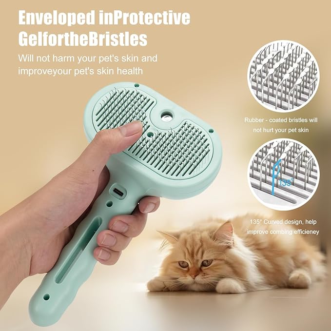 3-in-1 Pet Steam Brush, Grooming Comb with Water Tank for Cats and Dogs, Long and Short Hair (Green)-Mewly Pet