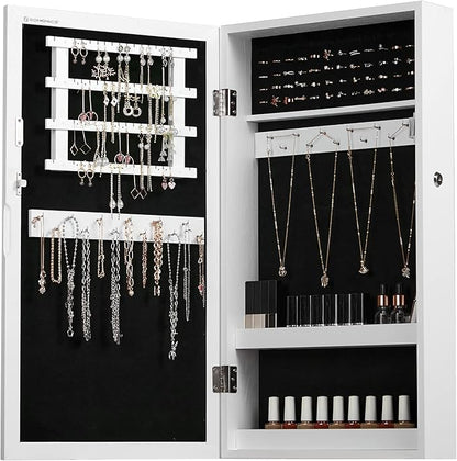SONGMICS Lockable Jewelry Cabinet Armoire with Mirror, Wall-Mounted Space Saving Jewelry Storage Organizer, Christmas Gift, White UJJC51WT