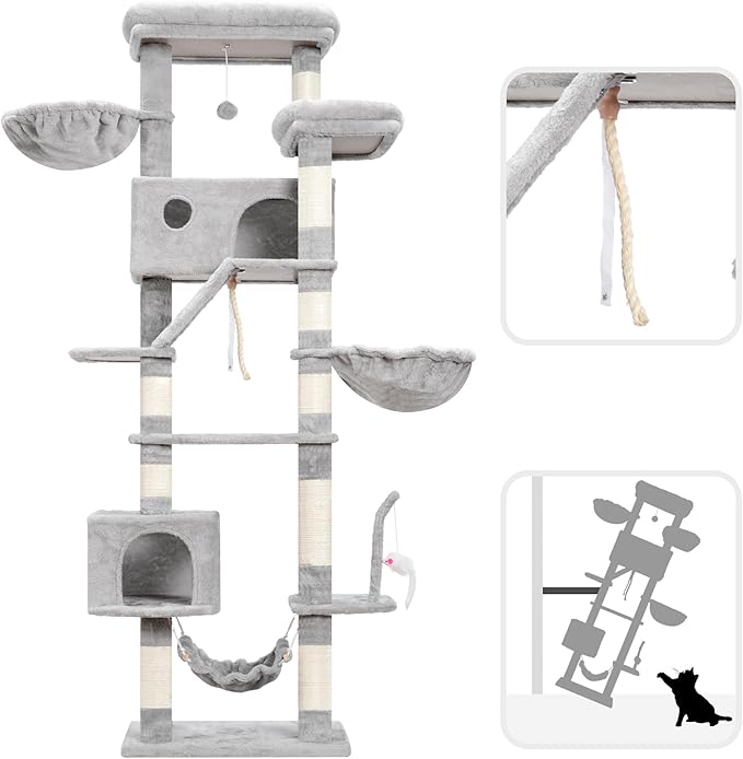 Cat Tree for Large Cats, 78.7"(200cm) Tall Cat Tower for Indoor Cats Multiple Cats with Large Top Perch, Cat Condo, Cat Hammcok, Cat Scratching Post, Light Gray GCT031W-Mewly Pet