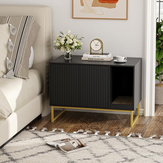 Cat Litter Box Enclosure, Fluted Hidden Litter Box Furniture with Scratch Pad and Metal Legs, Modern Enclosed Cat Cabinet, 31.5 x 17.7 x 21.7 Inches Indoor Pet House for Living Room, Washroom, Black-Mewly Pet