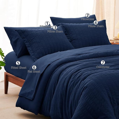 CozyLux Full Size Comforter Sets with Sheets Seersucker 7 Pieces Navy Blue Bed in a Bag Textured Luxury Soft Bedding Set with Down Alternative Comforter, Sheets, Pillowcases & Shams for All Seasons