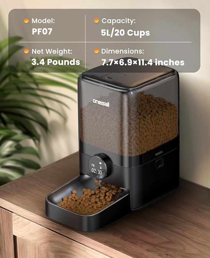 oneisall Automatic Cat Feeder for Large Kibble and Snacks, 20 Cups/5L Timed Pet Feeder for Cats Indoor, Programmable Dry Food Dispenser (Black)-Mewly Pet