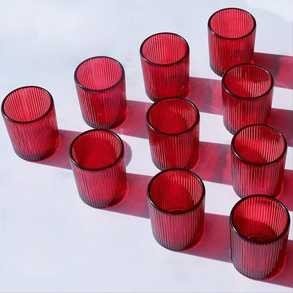 VOHO Red Candle Holders Set of 12, Ribbed Glass Votive Candle Holders Bulk for Holiday/Party Decorations, Tea Lights Candle Holder Wedding Centerpieces for Tables