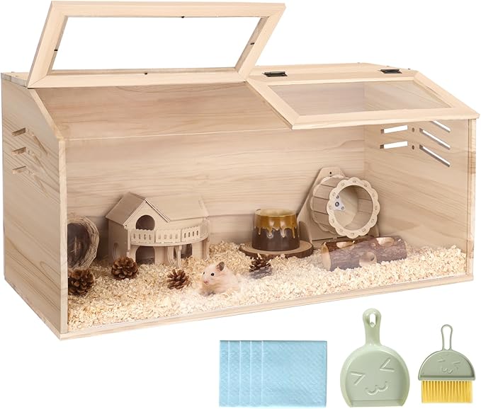 Snowtaros Wooden Hamster Cage, Large Hamster Cages and Habitats Chewproof, with 2 Openable Acrylic Top, Small Animal Cage for Mouse Gerbil Quail Dwarf Syrian Hamsters (31.5" L*15.7" W*15.7" H)-Mewly Pet
