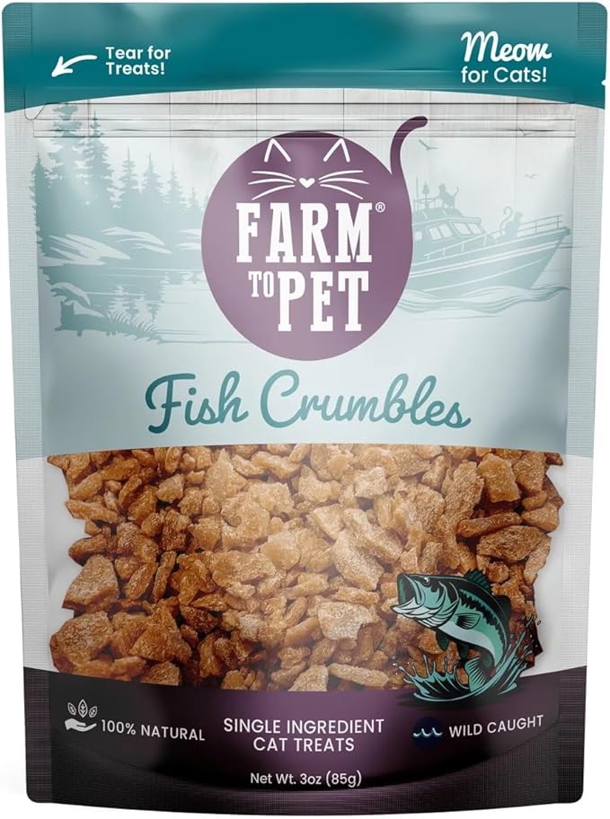 Farm To Pet - Cat Treat Crumbles - 3 oz Single Ingredient Fish Treat and Snacks - Healthy for Indoor Cats and Kitten - Essential Products (Mix with Wet/Dry Food)-Mewly Pet