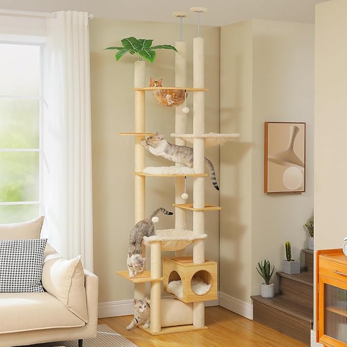 PEQULTI Floor to Ceiling Cat Tree 93.3’’-100.8’’ Height Adjustable Wooden Cat Tower Tall Climbing Play House with Scratching Posts, Cozy Condo, Perches and Large Hammock for Indoor Cats Beige-Mewly Pet