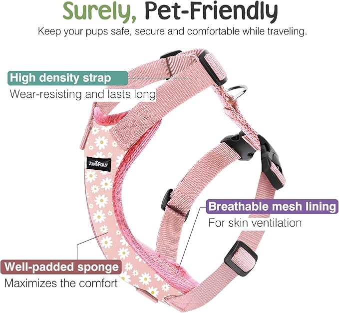 Dog Seat Belt, Safety Vest Dog Car Harness with Adjustable Buckle Dog Seat Belt for Vehicle Nylon Pet Safety Seat Belts Heavy Duty(XL, Pink Daisy)-Mewly Pet