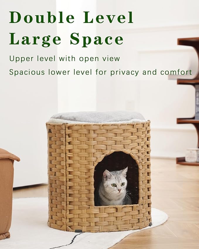 Cat House for Indoor Cat, Large Double Cat Houses Cat Bed Cave, Handwoven Rattan Pet Beds with One Soft Pad, 17 x 17 x 17 Inches Foldable Kitten Hideaway in Living Room Natural-Mewly Pet
