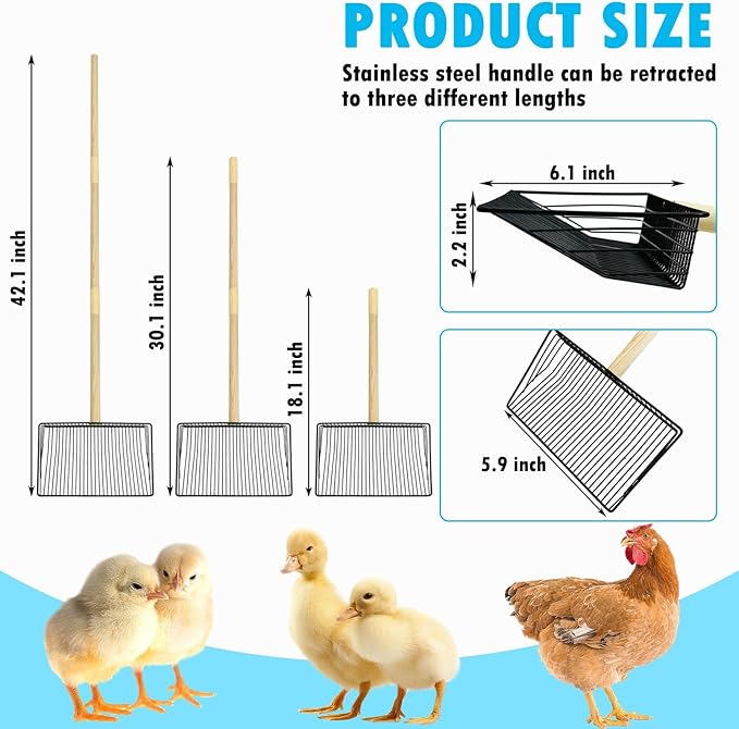 PINVNBY Stainless Steel Chicken Poop Scooper 3 in 1 Adjustable Wooden Handle Poop Scooper for Chicken(18.1" to 42.1")Multifunctional Chicken Coop Cleaning Tools Sifting Shovel Chicken Coop Accessories-Mewly Pet