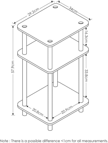 Furinno JUST Side Table, 3-Tier End Table, Open Shelves Night Stand, Bedside Table, Toolless Assembly, for Living Room, Bedroom, Bathroom, White(Espresso)