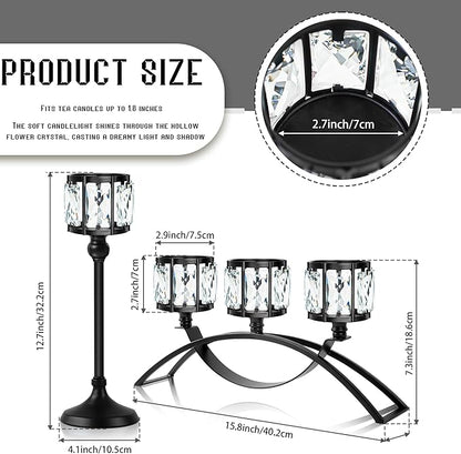 Black Set of 3 Crystal Candle Holders Arched - Elegant Tabletop Candelabra Centerpiece for Weddings, Dining Room Decor, Modern Home & Cabinet Display Housewarming