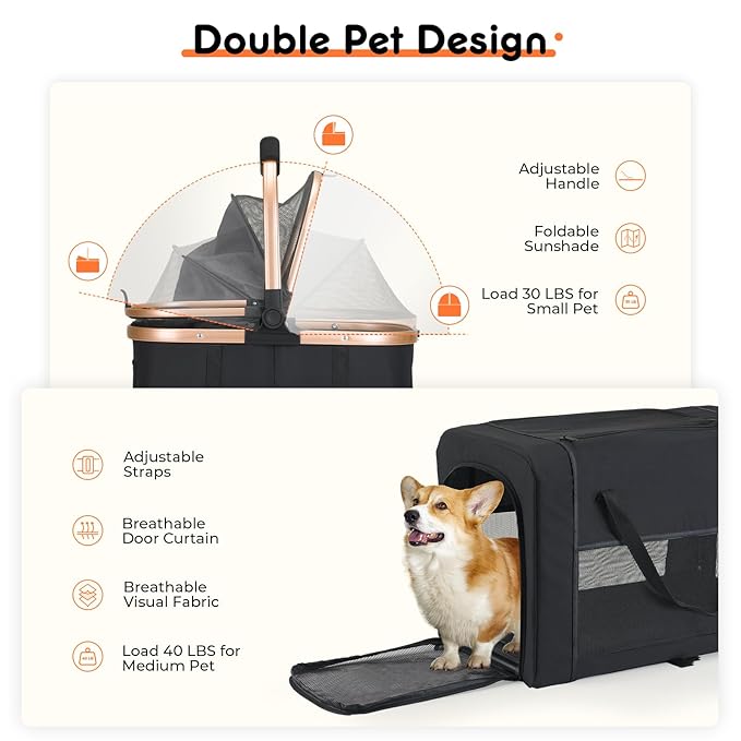 Double Pet Stroller for Small Medium Dogs - 4 In1 Dog Stroller for 2 Pets, Detachable and Foldable with 360°Rotating Wheels, Easy Assembly and Compact Size-Mewly Pet