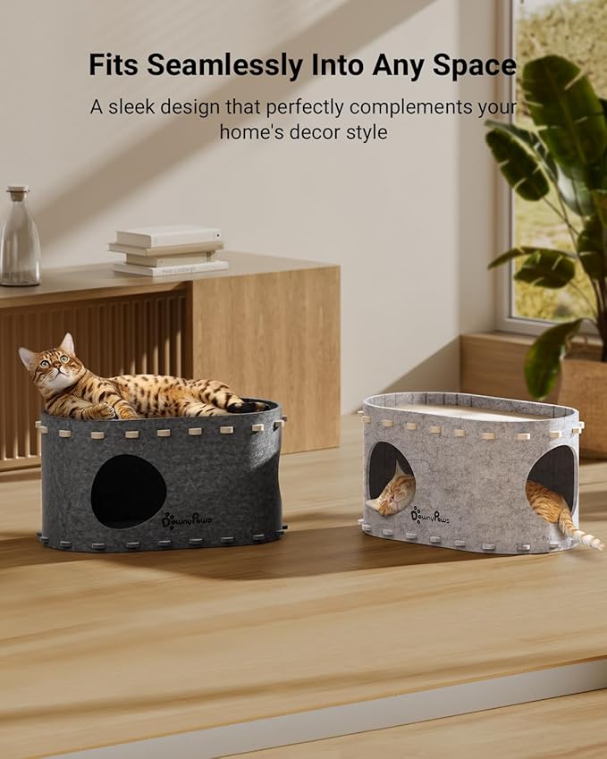 DownyPaws Cat House for Indoor Cats, Cat Bed Cave for Multiple & Large Cats Up to 22 Lbs, Scratch Resistant Peekaboo Cat Caves, Foldable Tunnel Enclosed Bed, PeekaPurr, Sesame Gray-Mewly Pet
