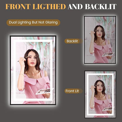 LED Bathroom Mirror,24"x32" Black Frame Led Mirror, Front Light and Backlit, Stepless Dimmable, Anti-Fog, Shatter-Proof, Memory, 3 Colors, Double LED Vanity Mirror