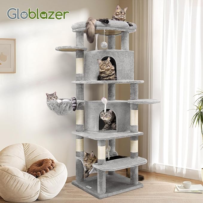 Globlazer Corner Cat Tree for Large Cats, 66inch Tall Curved Series Large Cat Tower for Multiple Indoor Cats with 6 Scratching Posts, 2 Spacious Cat Condos, Hammock, Hanging Basket, C66, Light Grey-Mewly Pet