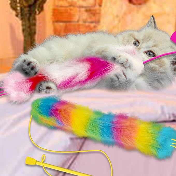 2 Pack Cat Wand Toy, Rainbow Cat Feather Toys with Bells, Teaser Wand with Soft Furry Tail, Interactive Toys for Indoor Cats & Kitten & Kitty-Mewly Pet