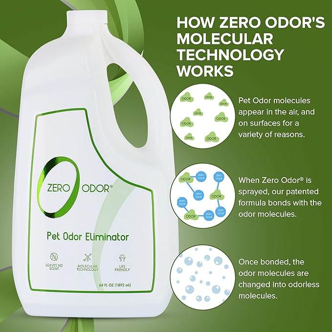 Zero Odor - Pet Odor Eliminator for strong odor, Eliminate Air & Surface Odors – Patented Molecular Technology Best For Carpet, Furniture, Beds Smell Great Again, 64oz Refill-Mewly Pet