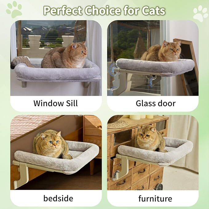 Cat Window Perch, Adjustable Cat Hammock for Large Cats, Mounts on Window Sills, Bedside, or Glass, Easy Installation and Removal, Washable Cushion Cover (20.5" W×15.7" L, Gray)-Mewly Pet