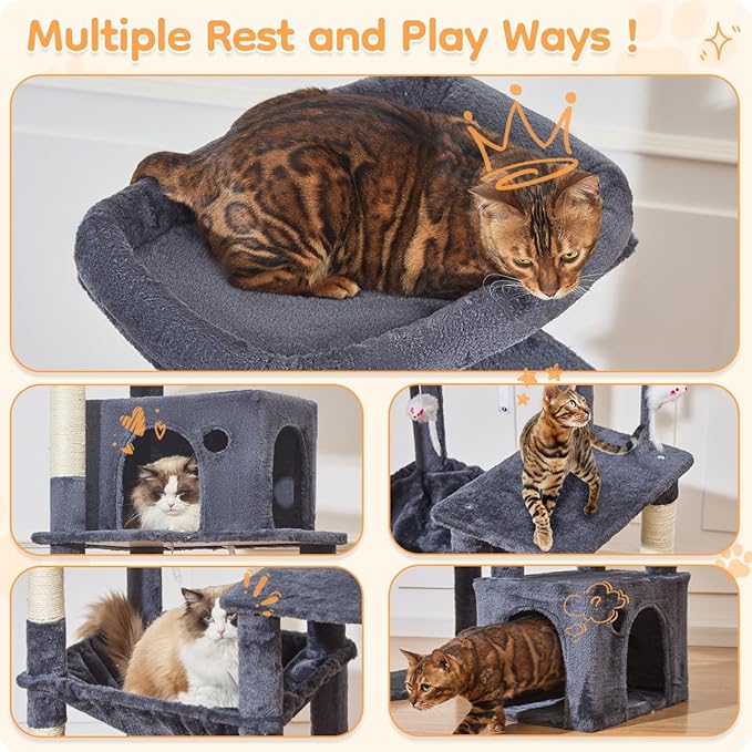Taoqimiao Heavy Duty Cat Tree for Large Cats 20lbs+, 71 Inches Tall Cat Tower, 2 Cat Condo with 6 Scratching Posts, Super Large Hammcock, Cat Toys, Cozy Basket, Smoky Gray, MS037G-Mewly Pet