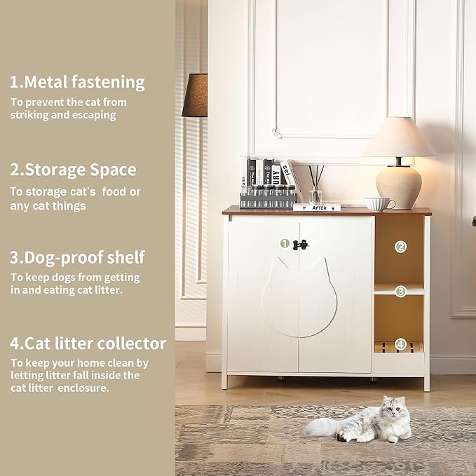 Cat-Faced Doors Cat Litter Robot Enclosure,Automatic Litter Box Enclosure for Litter Robot 3/4,Power Outlet for cat Litter Cabinet,Litter Collector,Dog-Proof Shelf,Antique White-Mewly Pet