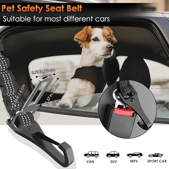 SlowTon Dog Seat Belt, Adjustable Dog Safety Belt Leash, 2 in 1 Latch Bar Attachment Dog Car Seatbelt with Elastic Nylon Bungee Buffer, Reflective Nylon Belt Tether Connect to Dog Harness (2Black)-Mewly Pet
