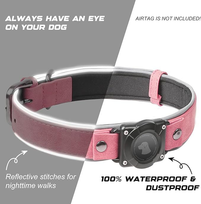 AirTag Dog Collar - Leather Dog Collar with Air Tag Holder | IPX8 Waterproof, Reflective, High - End, Adjustable Soft Padded | Dog GPS Tracker Collars Fit for Medium Large Dogs (Pink, XL)-Mewly Pet