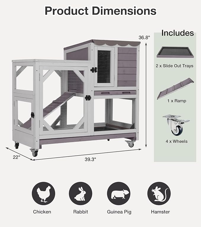 Rabbit Hutch 2-Story Wooden Bunny Cage with 2 Leak-Proof Sliding Trays, Chew-Proof Metal Mesh, Rainproof Cover, Indoor & Outdoor Guinea Pig House with Wheels - Grey-Mewly Pet