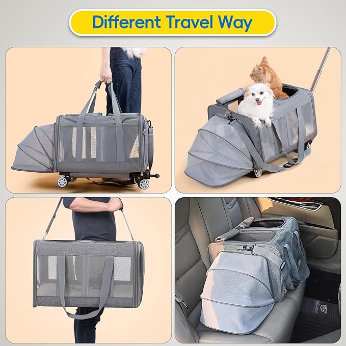 Expandable Pet Carrier with Wheels, Double Cat Dog Carrier 21"x 17"x 16" up to 40 Lbs, Rolling Pet Carrier for Cats and Dogs, Extra Large Pet Travel Carrier, Ideal for Outdoor/Travel-Mewly Pet