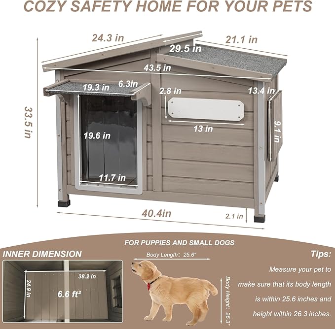 43" L Outdoor Extra Large Dog House with Removable Floor, Raised Feet, Anti-Chewing Iron Frame – Wooden Kennel with Asphalt Roof, Window for Indoor/Outdoor Use, Ideal for Medium to Large Dogs-Mewly Pet