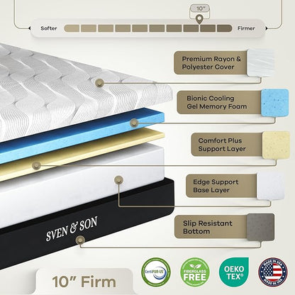 Sven and Son Essential Adjustable Bed Base (Frame) + 10 inch Memory Foam Matt (Firm), Easy Assembly, Head and Foot Lift, Memory Positions, Zero Gravity, Wireless Remote - Queen